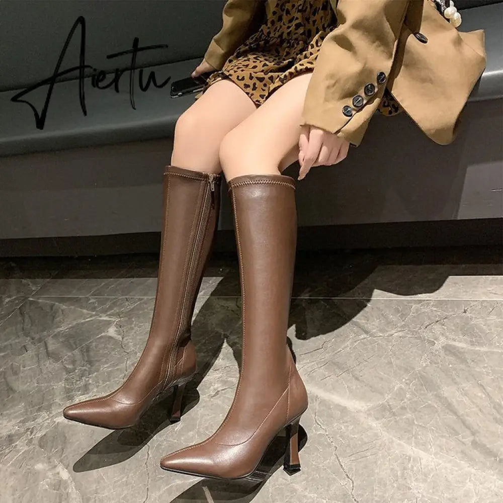 Aiertu High Heels Dress Shoes Pointed Toe Bare Boots Black Booties Thin Heeled Fashion Ankle Boots Retro Ladies Shoes Botas Aiertu