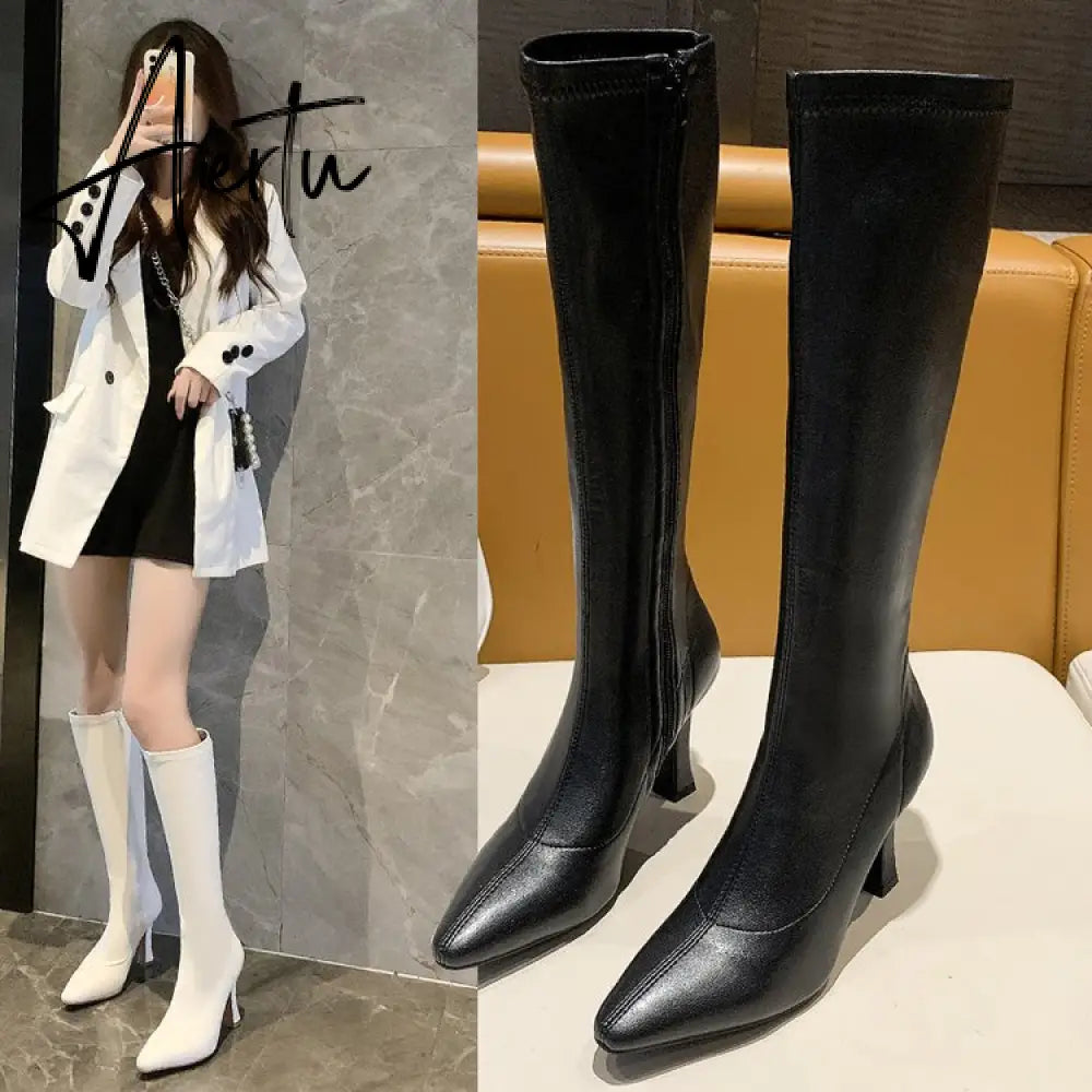 Aiertu  High Heels Dress Shoes Pointed Toe Bare Boots Black Booties Thin Heeled Fashion Ankle Boots Retro Ladies Shoes Botas Aiertu