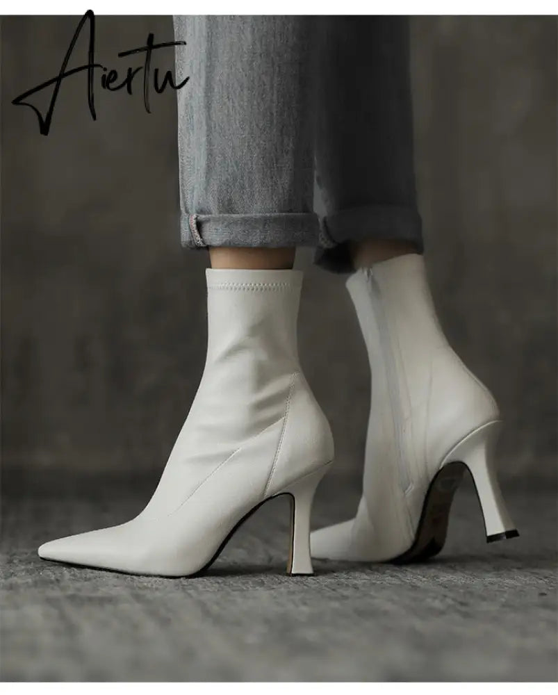 Aiertu High Heels Dress Shoes Pointed Toe Bare Boots Black Booties Thin Heeled Fashion Ankle Boots Retro Ladies Shoes Botas Aiertu