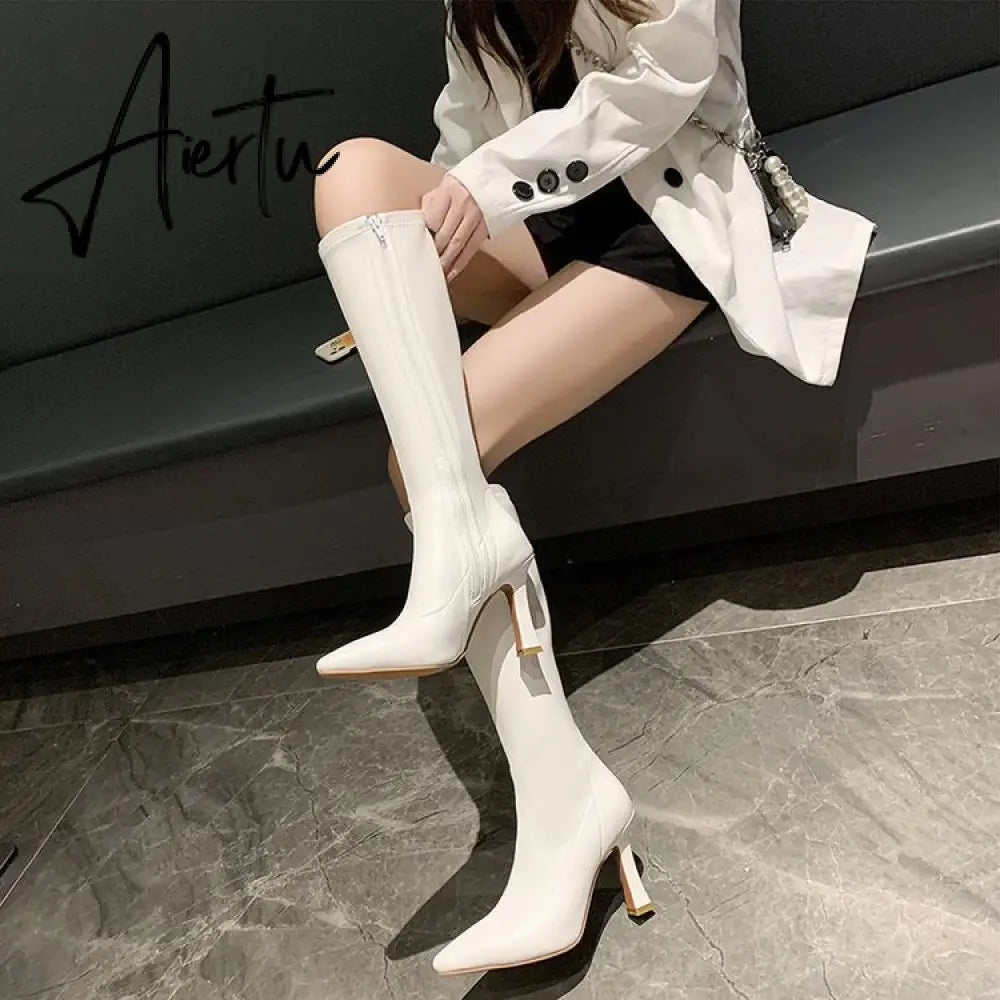 Aiertu High Heels Dress Shoes Pointed Toe Bare Boots Black Booties Thin Heeled Fashion Ankle Boots Retro Ladies Shoes Botas Aiertu