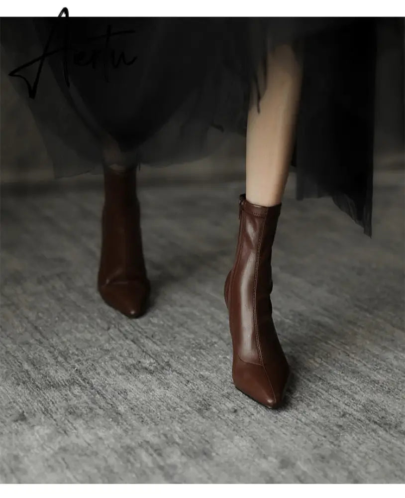 Aiertu High Heels Dress Shoes Pointed Toe Bare Boots Black Booties Thin Heeled Fashion Ankle Boots Retro Ladies Shoes Botas Aiertu