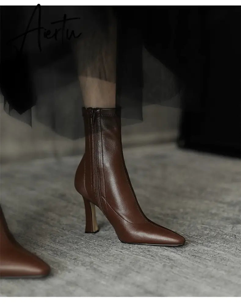 Aiertu High Heels Dress Shoes Pointed Toe Bare Boots Black Booties Thin Heeled Fashion Ankle Boots Retro Ladies Shoes Botas Aiertu