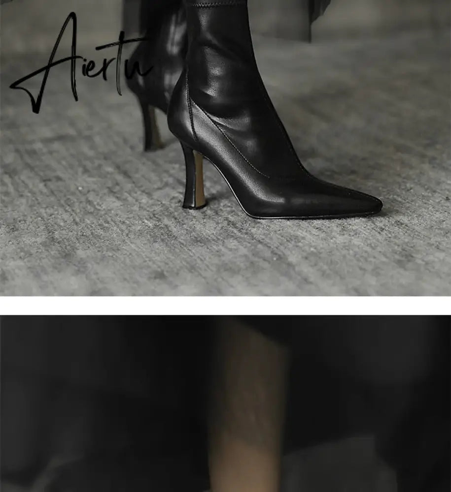 Aiertu High Heels Dress Shoes Pointed Toe Bare Boots Black Booties Thin Heeled Fashion Ankle Boots Retro Ladies Shoes Botas Aiertu