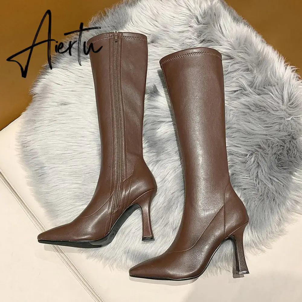 Aiertu High Heels Dress Shoes Pointed Toe Bare Boots Black Booties Thin Heeled Fashion Ankle Boots Retro Ladies Shoes Botas Aiertu