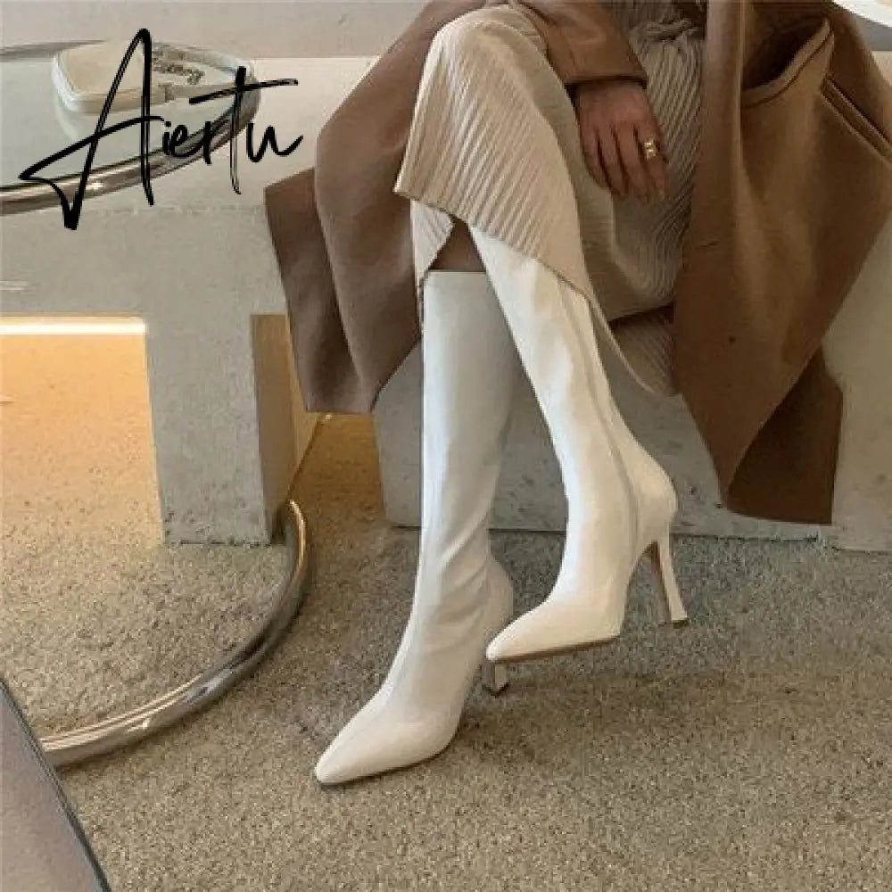 Aiertu  High Heels Dress Shoes Pointed Toe Bare Boots Black Booties Thin Heeled Fashion Ankle Boots Retro Ladies Shoes Botas Aiertu