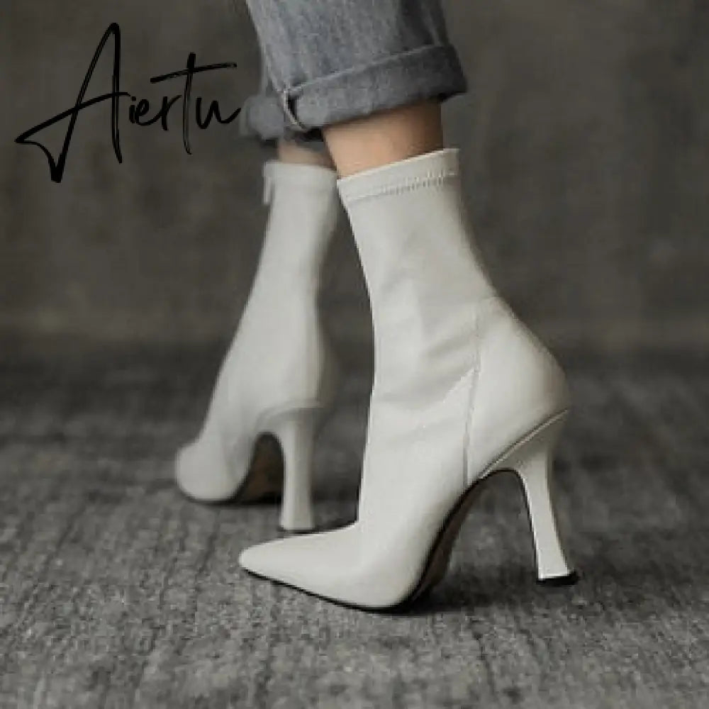 Aiertu High Heels Dress Shoes Pointed Toe Bare Boots Black Booties Thin Heeled Fashion Ankle Boots Retro Ladies Shoes Botas Aiertu