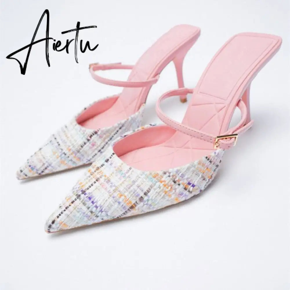 Aiertu High Heels Pointed Toe Lace-Up Shallow Mouth Slip On Women's High-Heeled Shoes Sexy Pump Sandals Ladies Spikes Gold Slip-On Beig Aiertu