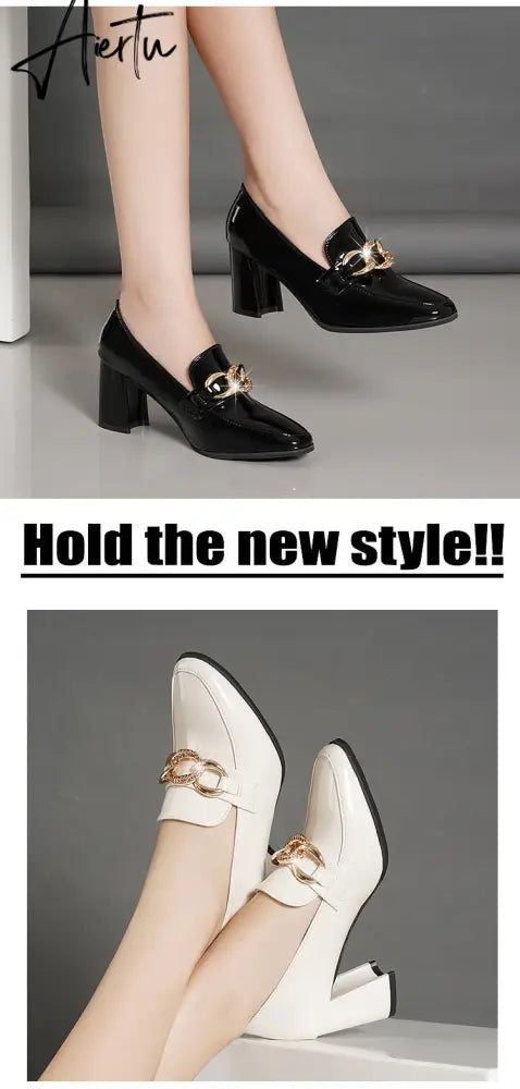 Aiertu High heels spring and autumn thick heel heel heel square head small shoes female British buckle OL fashion shoes Aiertu