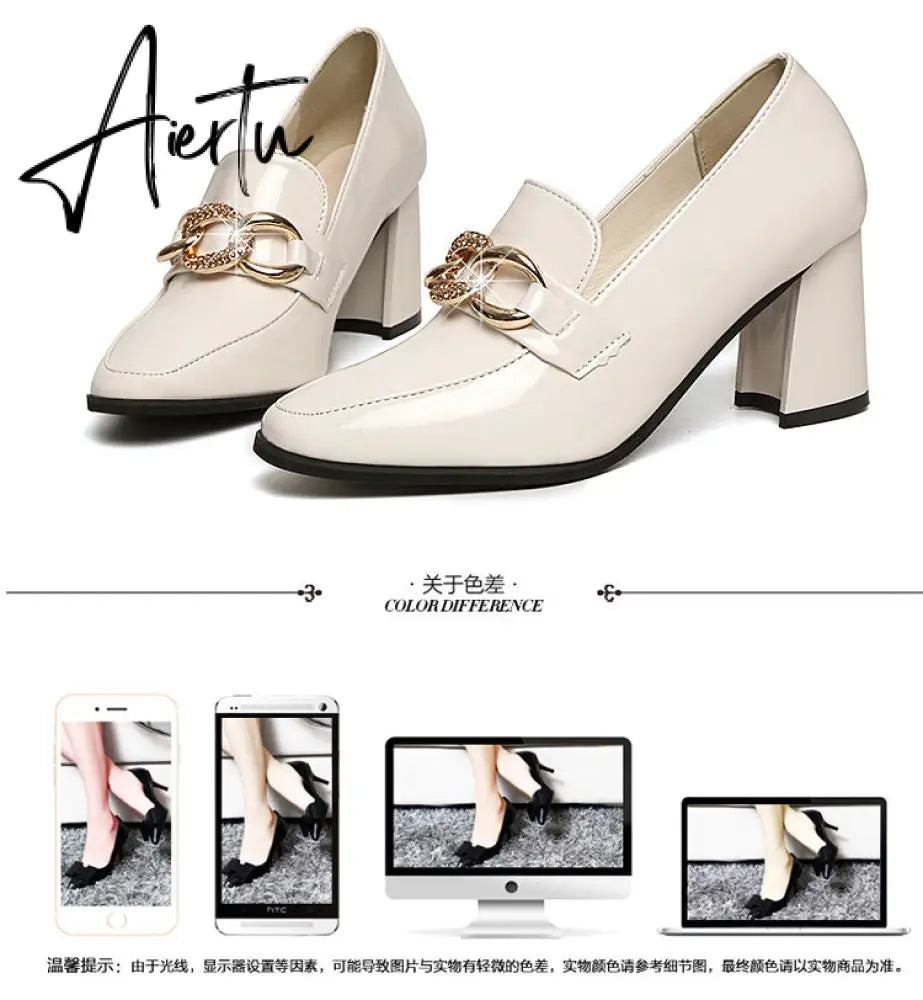 Aiertu High heels spring and autumn thick heel heel heel square head small shoes female British buckle OL fashion shoes Aiertu