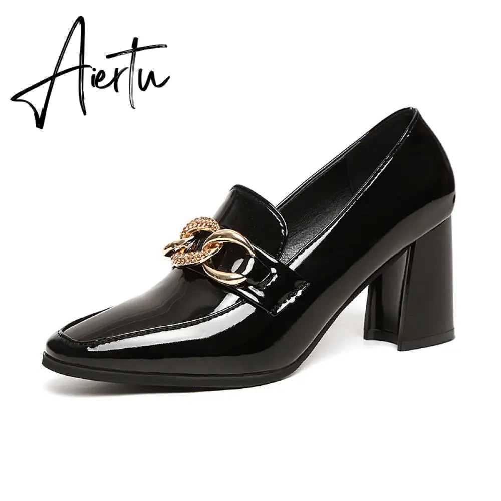 Aiertu High heels spring and autumn thick heel heel heel square head small shoes female British buckle OL fashion shoes Aiertu