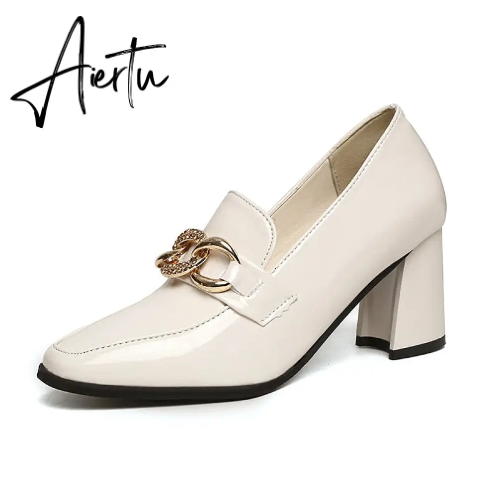 Aiertu High heels spring and autumn thick heel heel heel square head small shoes female British buckle OL fashion shoes Aiertu