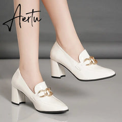 Aiertu High heels spring and autumn thick heel heel heel square head small shoes female British buckle OL fashion shoes Aiertu