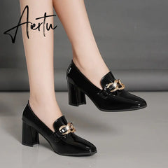 Aiertu High heels spring and autumn thick heel heel heel square head small shoes female British buckle OL fashion shoes Aiertu