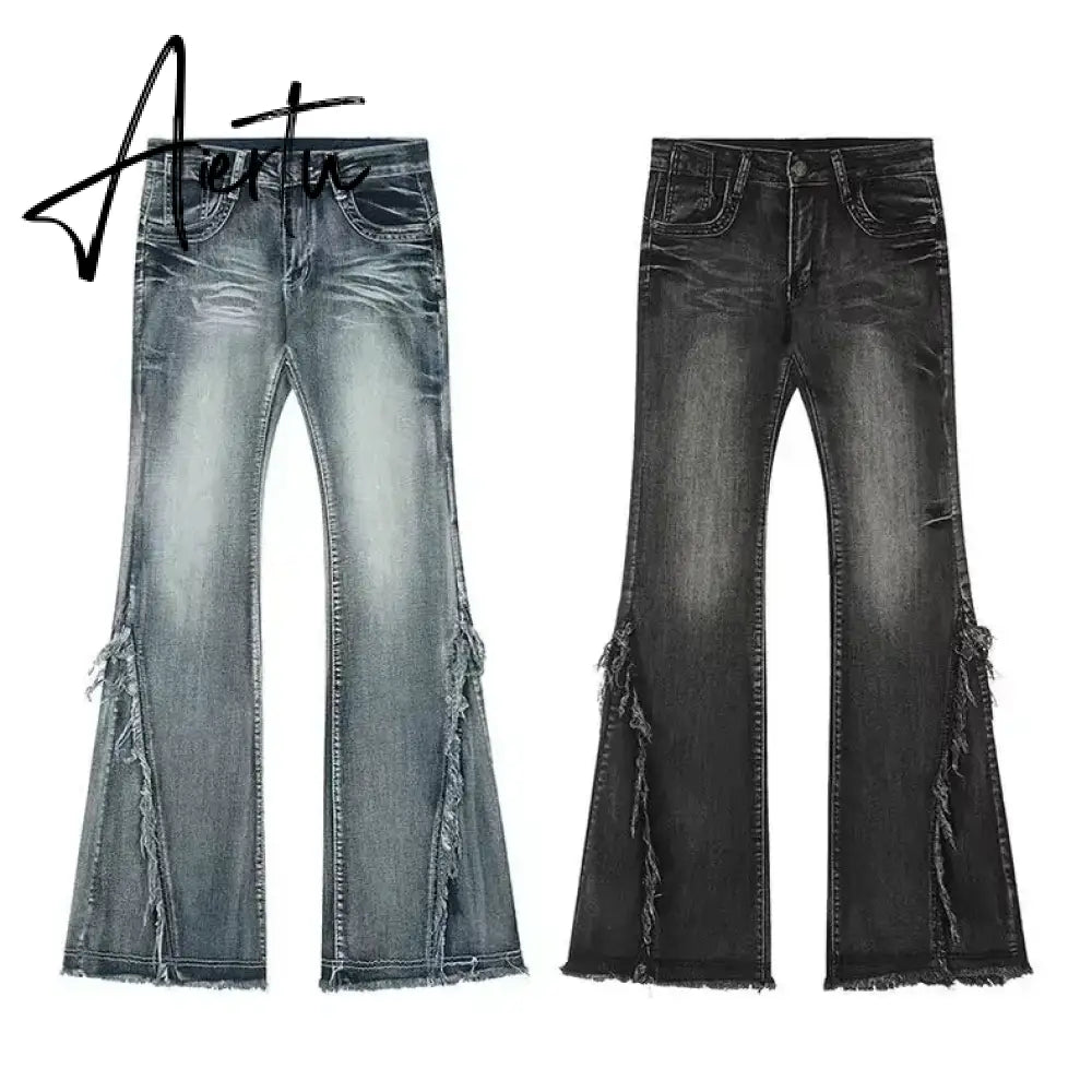 Aiertu High Quality American Vintage Clothes Raw Edge Design Flared Jeans For Women Patchwork Autumn Low-rise Washed Denim Y2k Pants Aiertu