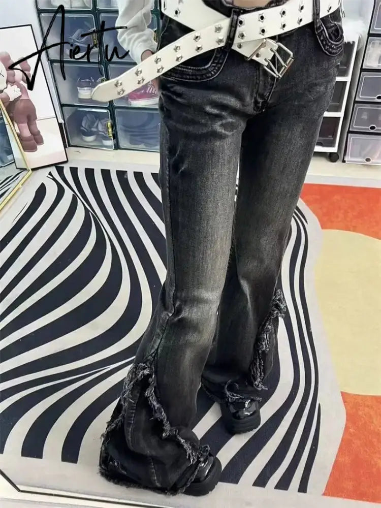 Aiertu High Quality American Vintage Clothes Raw Edge Design Flared Jeans For Women Patchwork Autumn Low-rise Washed Denim Y2k Pants Aiertu