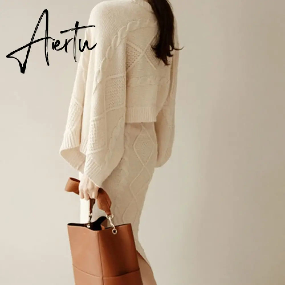 Aiertu High Quality Autumn Winter Women Knitted 2 Piece Set  Batwing Sleeve Loose Tops+Slim Bodycon Skirt Female Sweater Suits Aiertu