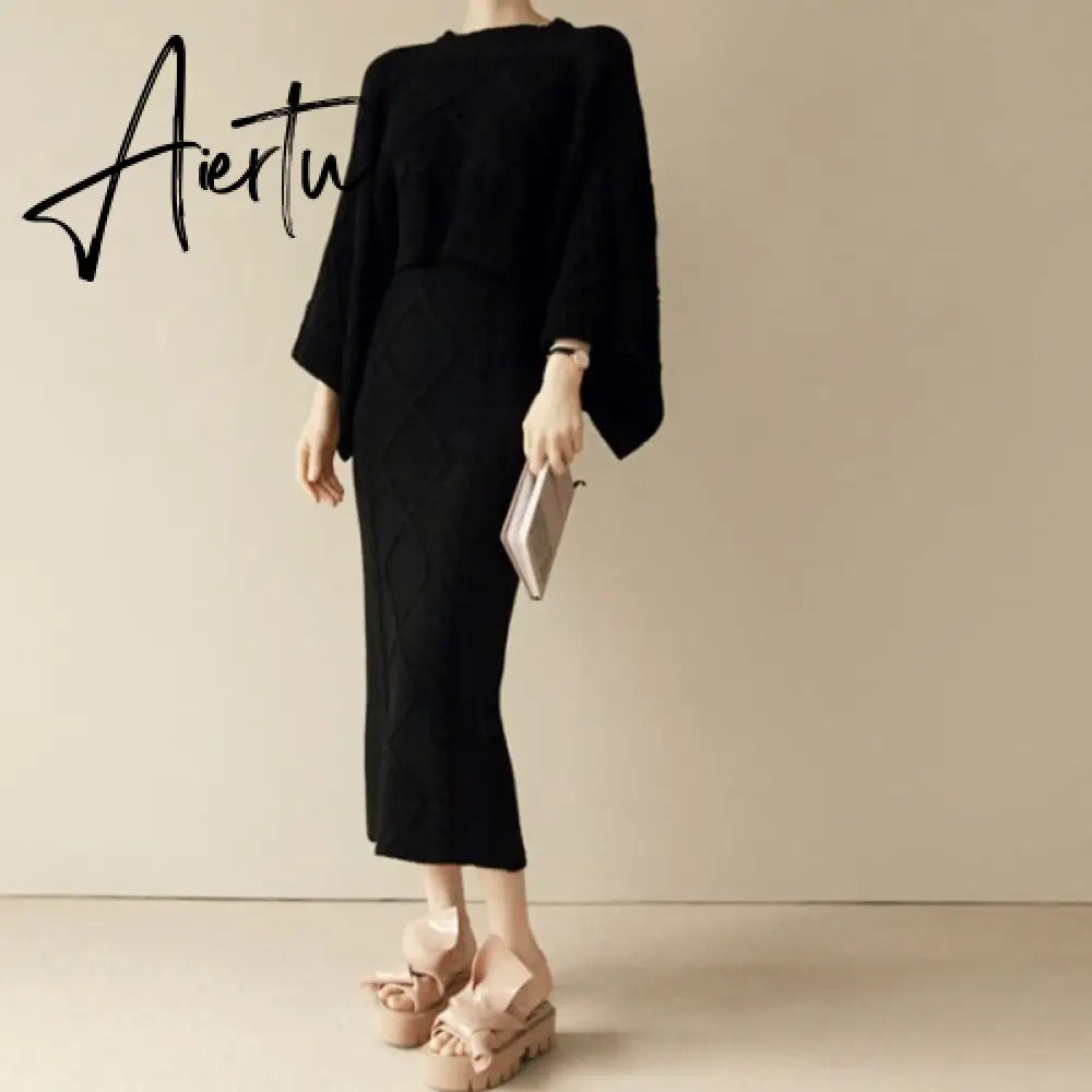 Aiertu High Quality Autumn Winter Women Knitted 2 Piece Set  Batwing Sleeve Loose Tops+Slim Bodycon Skirt Female Sweater Suits Aiertu