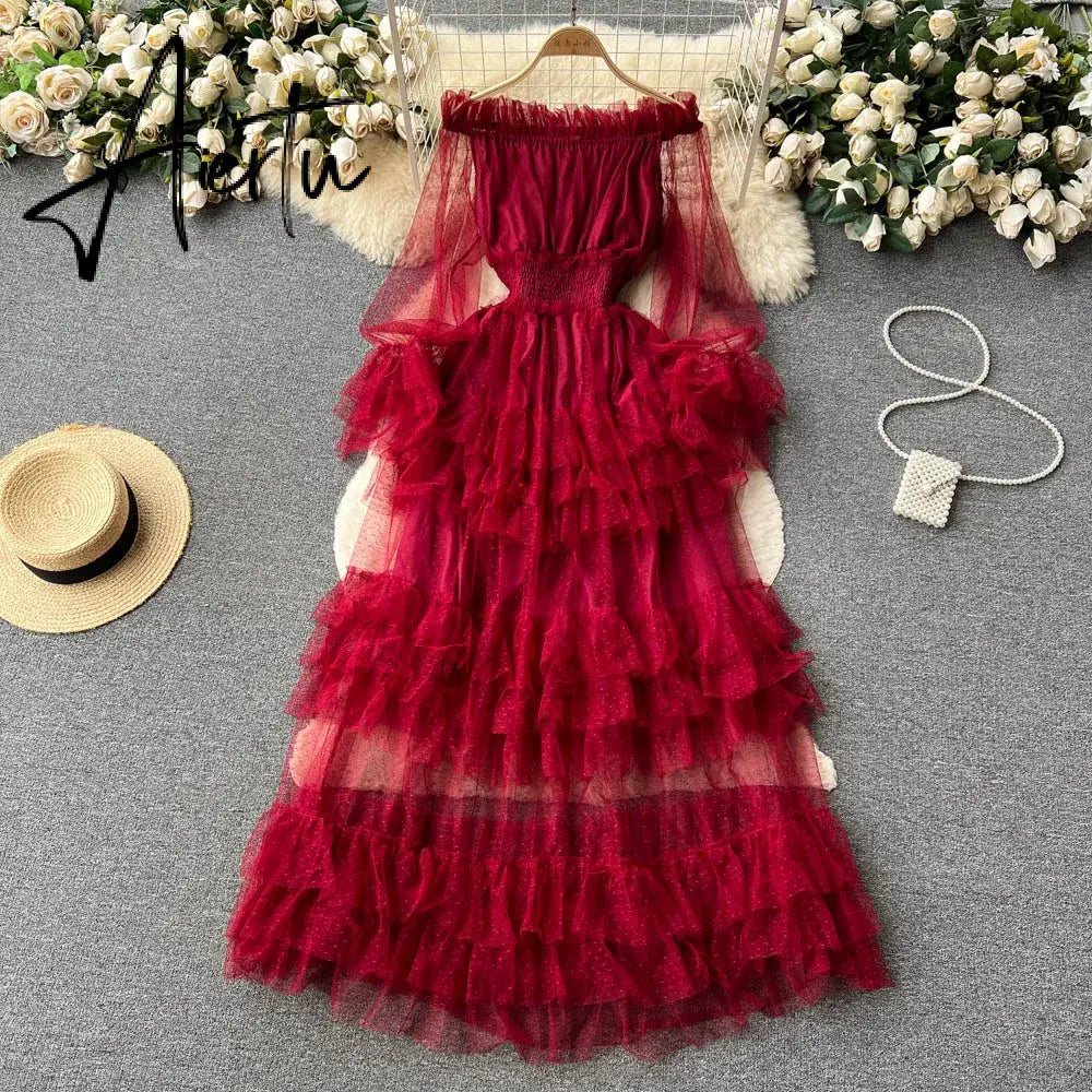 Aiertu  High Street Fashion Cake Mesh Party Dress Women Off the Shoulder Tierred Elastic Sundress Polka Dot Lace Maxi Dress Aiertu