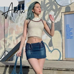 Aiertu High Waist Short Jeans Denim Solid Skirt Bandage Summer Women Fashion Streetwear Y2K Trousers Aiertu