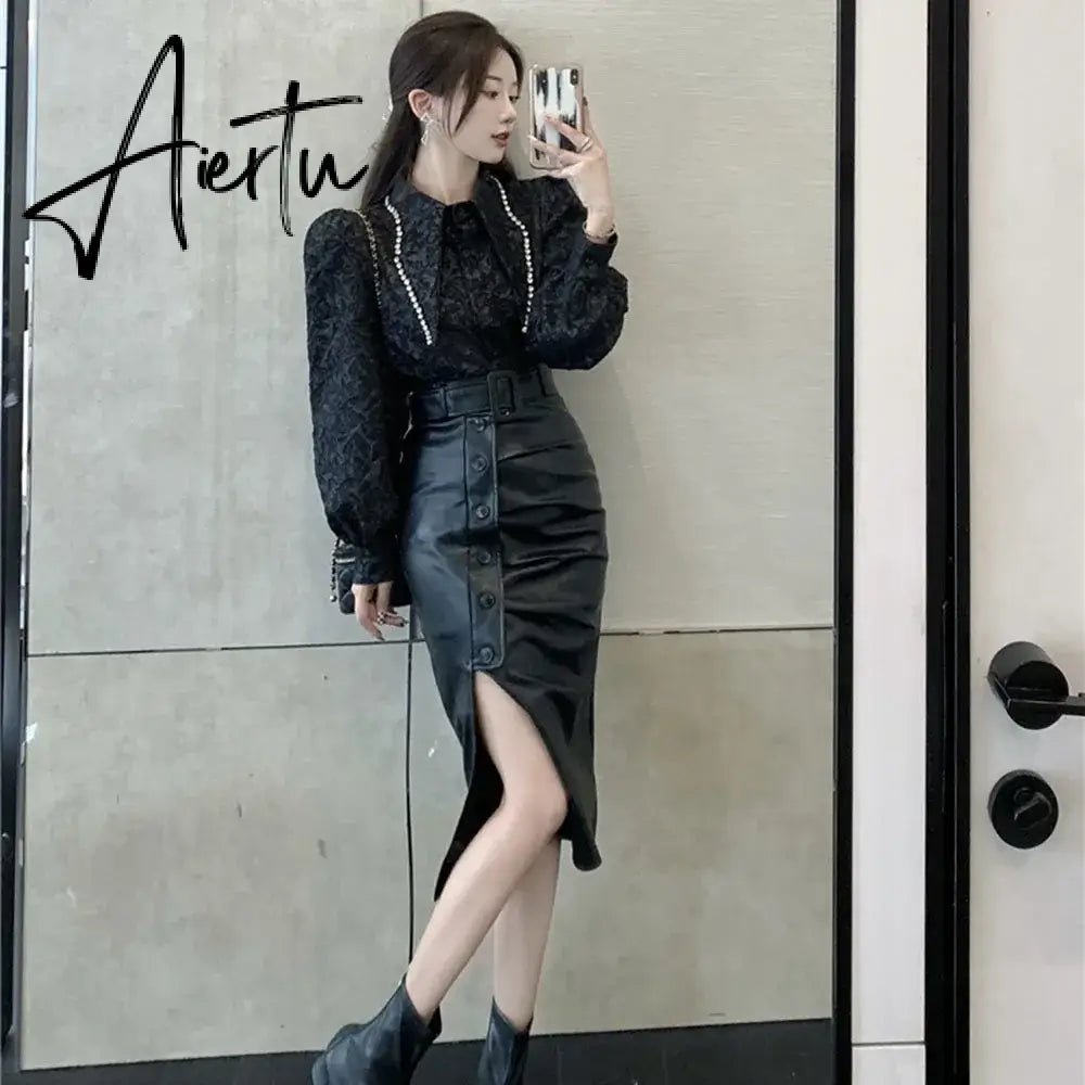 Aiertu High Waist Slim Split PU Skirt For Women  Autumn Winter Fashion Wrap Hip Pleats Leather Lady Asymmetry Sexy Mid-long Skirts Aiertu