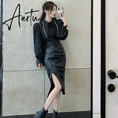 Aiertu High Waist Slim Split PU Skirt For Women  Autumn Winter Fashion Wrap Hip Pleats Leather Lady Asymmetry Sexy Mid-long Skirts Aiertu
