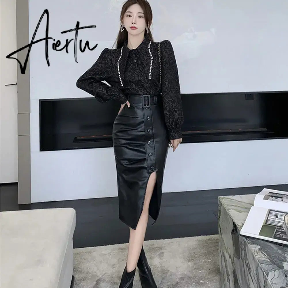 Aiertu High Waist Slim Split PU Skirt For Women  Autumn Winter Fashion Wrap Hip Pleats Leather Lady Asymmetry Sexy Mid-long Skirts Aiertu