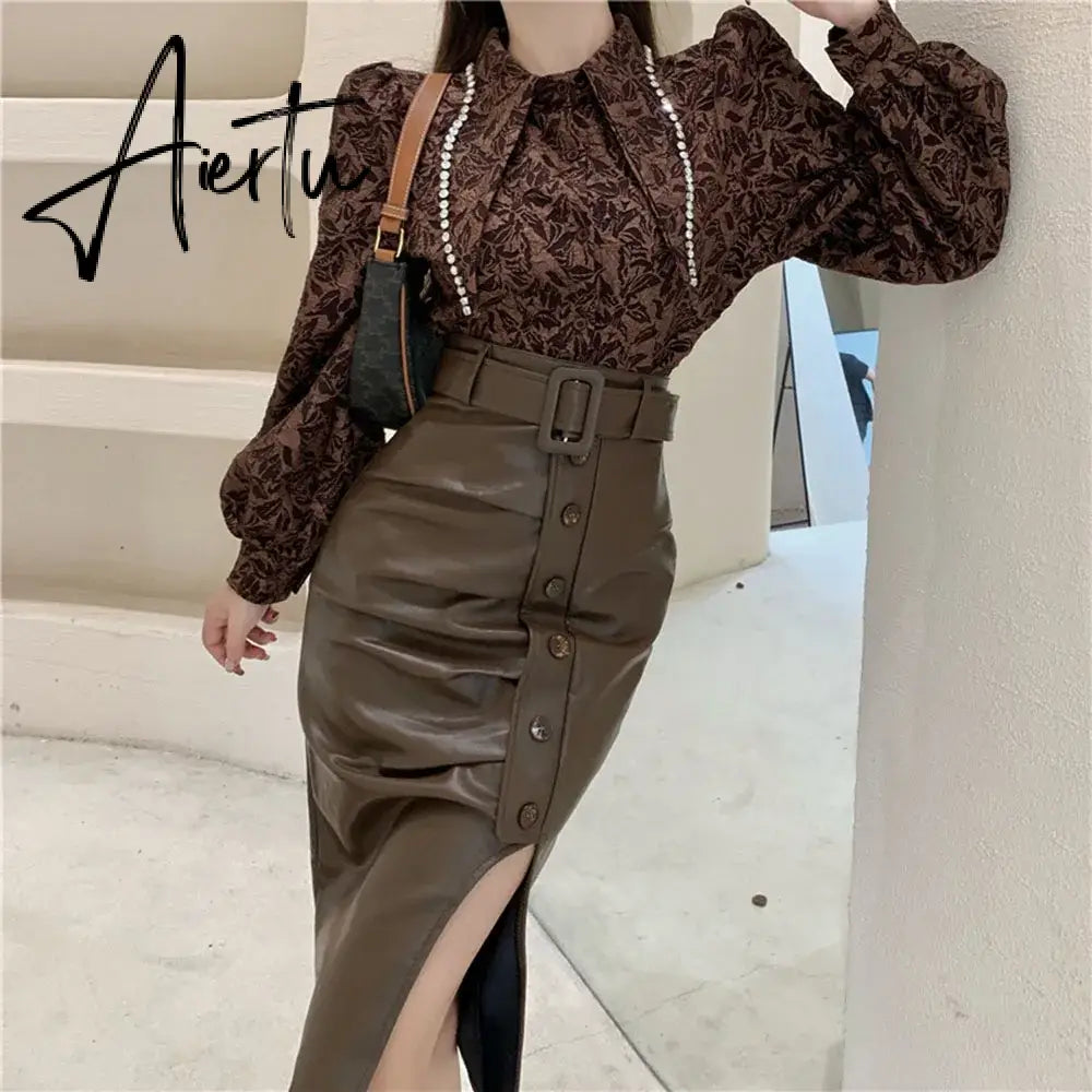 Aiertu High Waist Slim Split PU Skirt For Women  Autumn Winter Fashion Wrap Hip Pleats Leather Lady Asymmetry Sexy Mid-long Skirts Aiertu