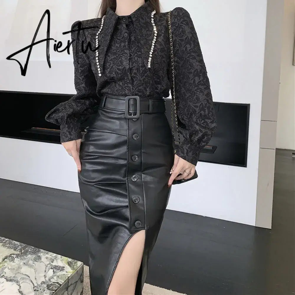 Aiertu High Waist Slim Split PU Skirt For Women  Autumn Winter Fashion Wrap Hip Pleats Leather Lady Asymmetry Sexy Mid-long Skirts Aiertu