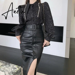 Aiertu High Waist Slim Split PU Skirt For Women  Autumn Winter Fashion Wrap Hip Pleats Leather Lady Asymmetry Sexy Mid-long Skirts Aiertu