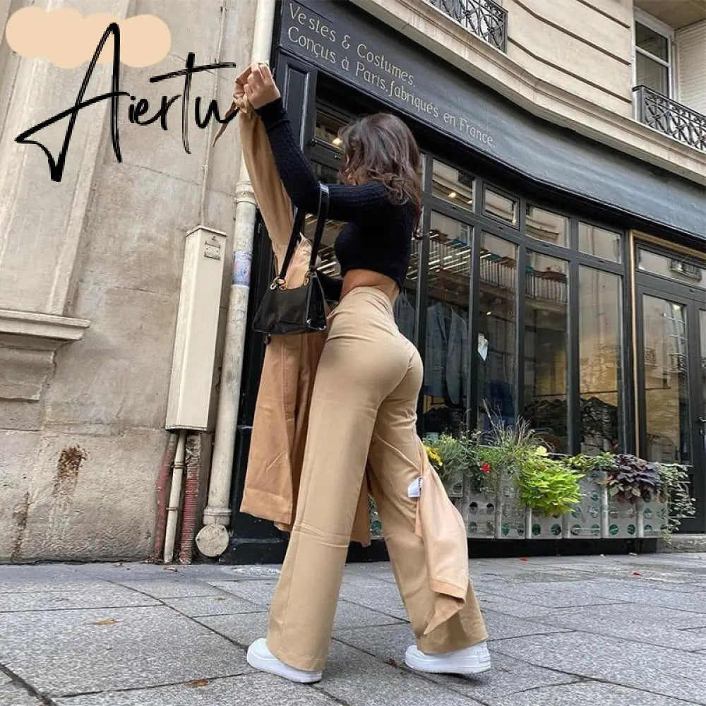 Aiertu  High Waist Solid Zip Up Botton Wide Leg Pants Autumn Winter Women Fashion Streetwear Casual Trousers Aiertu