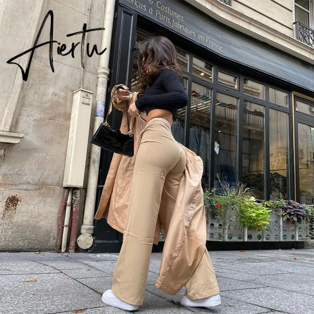 Aiertu  High Waist Solid Zip Up Botton Wide Leg Pants Autumn Winter Women Fashion Streetwear Casual Trousers Aiertu