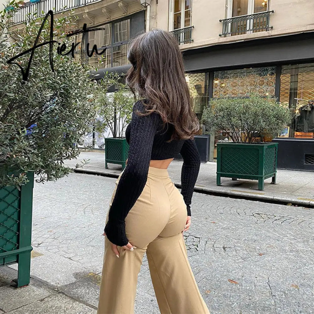 Aiertu  High Waist Solid Zip Up Botton Wide Leg Pants Autumn Winter Women Fashion Streetwear Casual Trousers Aiertu