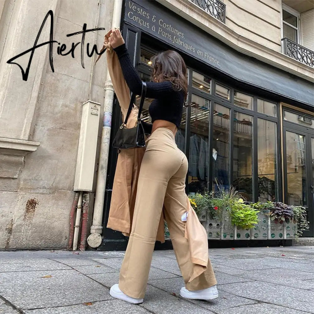 Aiertu  High Waist Solid Zip Up Botton Wide Leg Pants Autumn Winter Women Fashion Streetwear Casual Trousers Aiertu