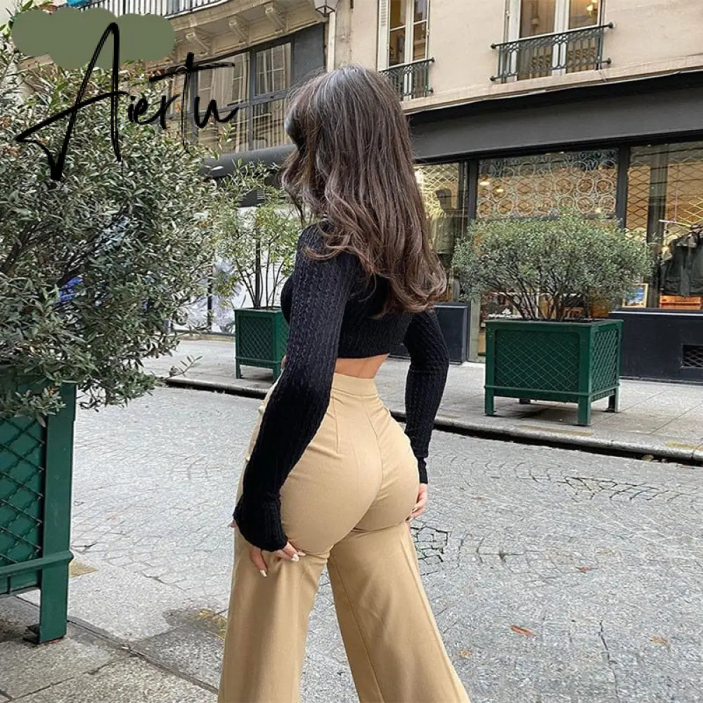 Aiertu  High Waist Solid Zip Up Botton Wide Leg Pants Autumn Winter Women Fashion Streetwear Casual Trousers Aiertu
