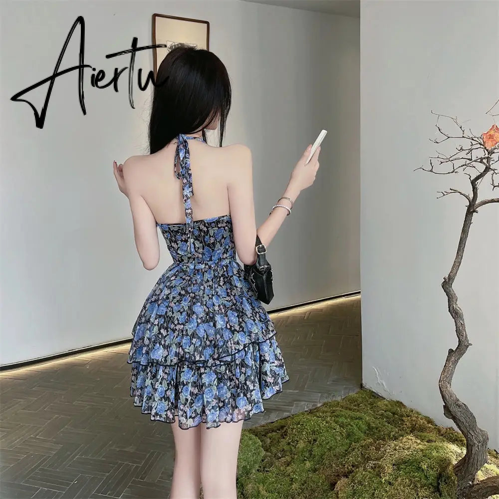 Aiertu Holiday Irregular Cupcake Dress Sexy Backless Halter Flora Print Sling Dress Women's Summer V-neck Sleeveless Short Dresses Aiertu