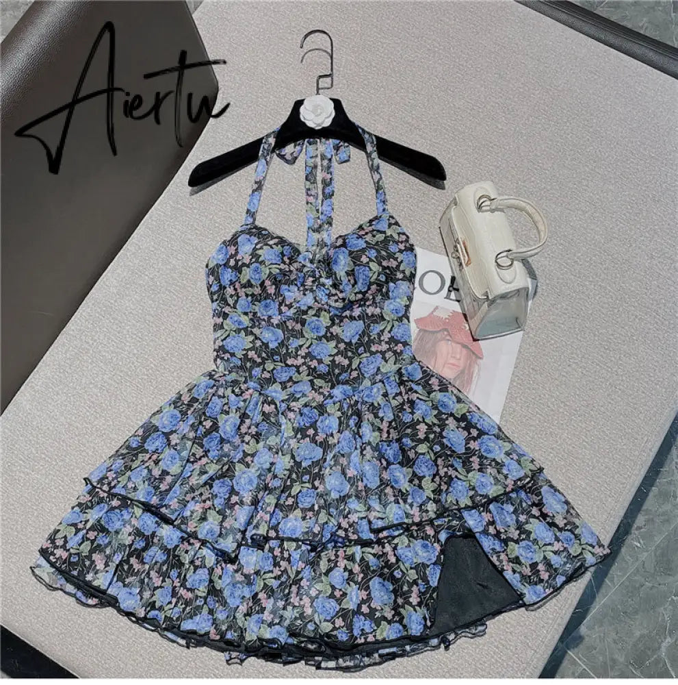 Aiertu Holiday Irregular Cupcake Dress Sexy Backless Halter Flora Print Sling Dress Women's Summer V-neck Sleeveless Short Dresses Aiertu