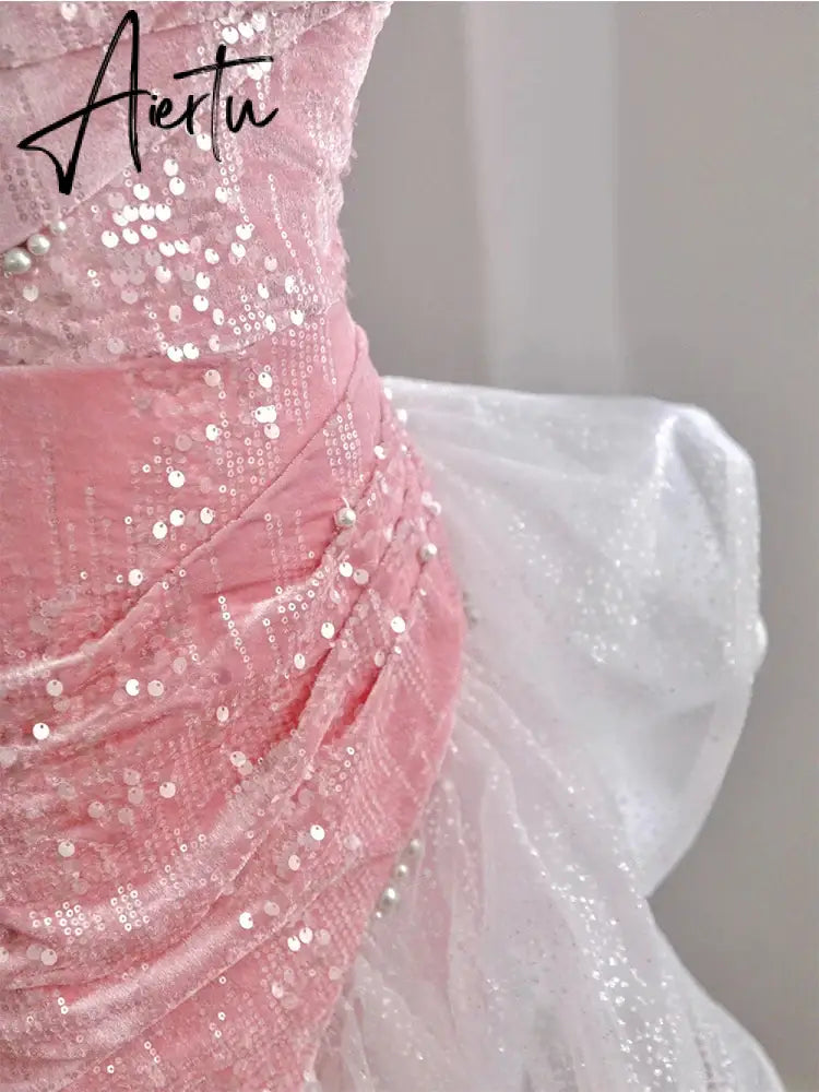 Aiertu Host Evening Dress Luxury Dress Party Sexy Skirt Bare Chest And Sleeveless Dress Party Bridal Toast Dress Pink Glitter Skirt Aiertu