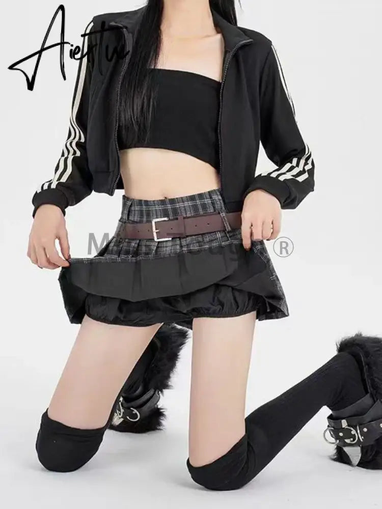Aiertu Hot Girl Gothic Y2k Mini Skirt Women Korean Fashion Cute Short Skirt Female High Waist Double Belt High Sexy Plaid Skirts 2024 Aiertu