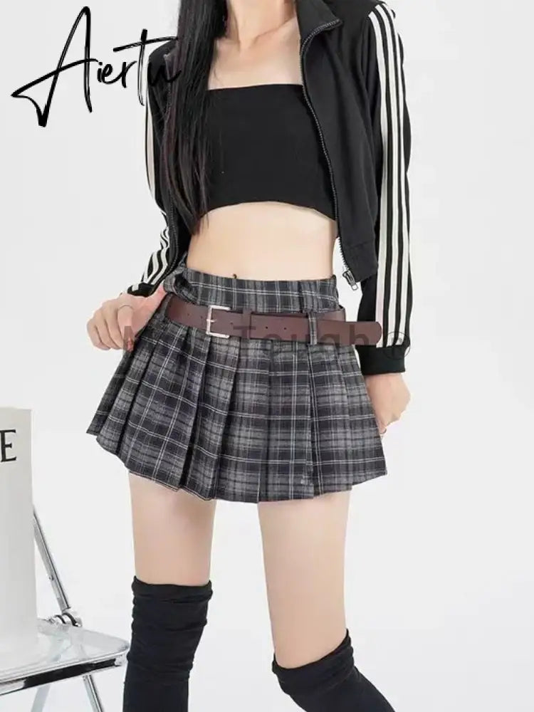 Aiertu Hot Girl Gothic Y2k Mini Skirt Women Korean Fashion Cute Short Skirt Female High Waist Double Belt High Sexy Plaid Skirts 2024 Aiertu