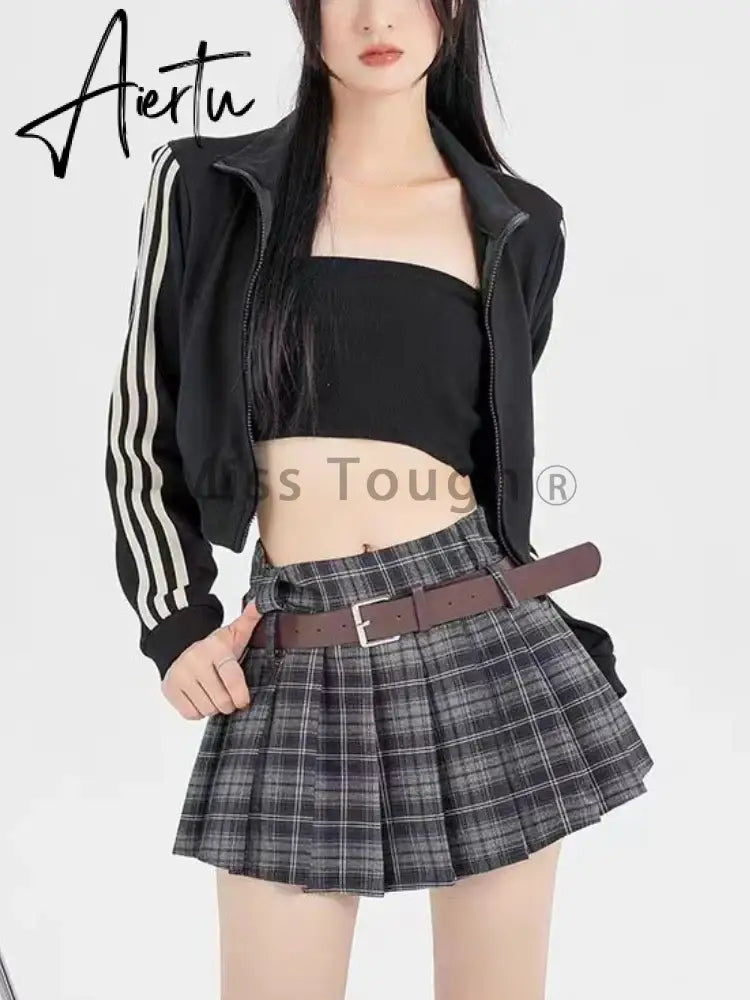 Aiertu Hot Girl Gothic Y2k Mini Skirt Women Korean Fashion Cute Short Skirt Female High Waist Double Belt High Sexy Plaid Skirts 2024 Aiertu