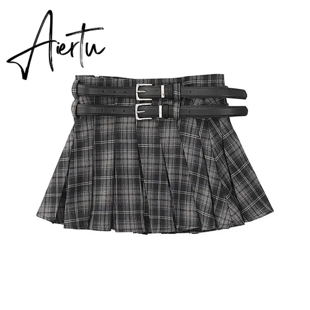 Aiertu Hot Girl Gothic Y2k Mini Skirt Women Korean Fashion Cute Short Skirt Female High Waist Double Belt High Sexy Plaid Skirts 2024 Aiertu