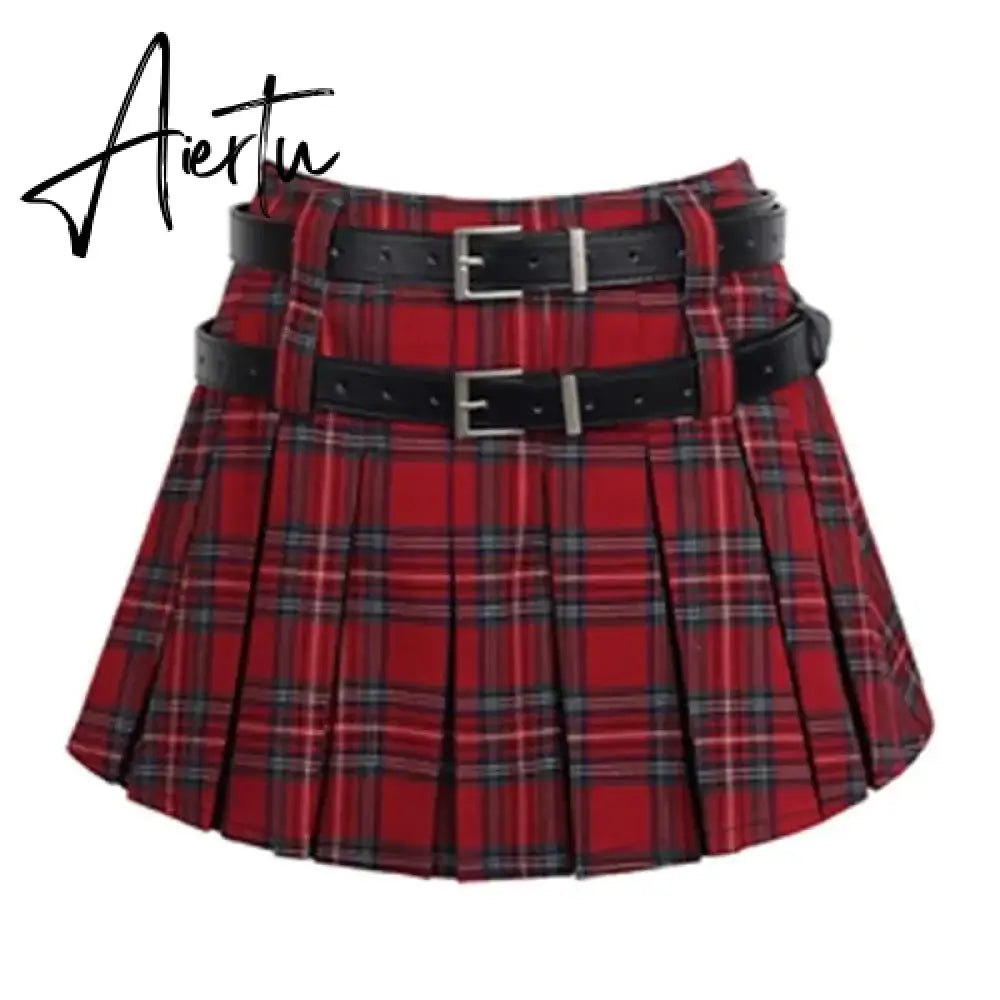 Aiertu Hot Girl Gothic Y2k Mini Skirt Women Korean Fashion Cute Short Skirt Female High Waist Double Belt High Sexy Plaid Skirts 2024 Aiertu