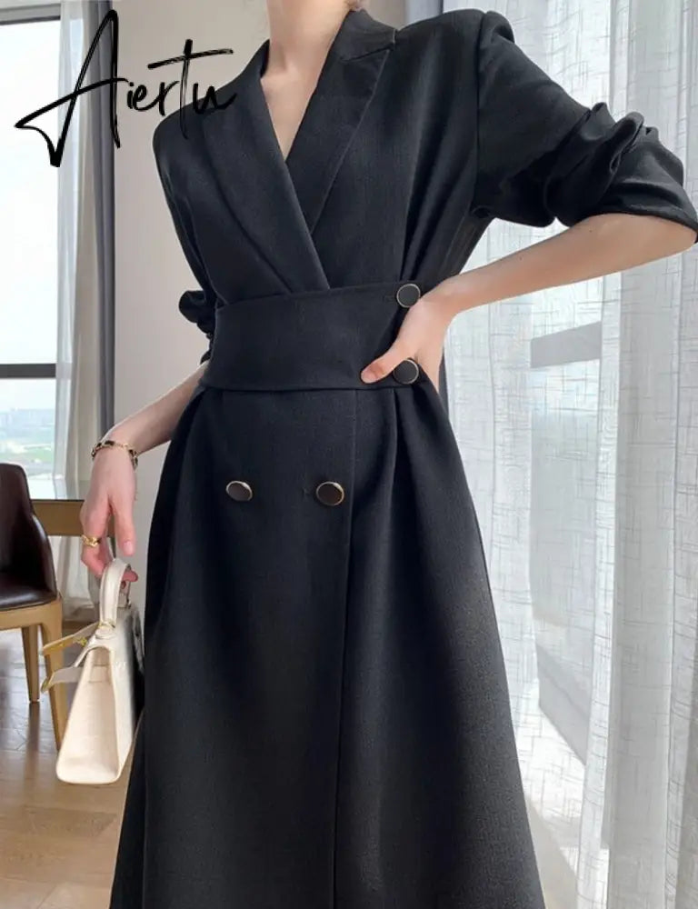 Aiertu Hot New Design Korean Style High Street Womens Fashion Cute Elegant Office Lady Button Notched Long Split Slit Sexy Blazer Dress Aiertu