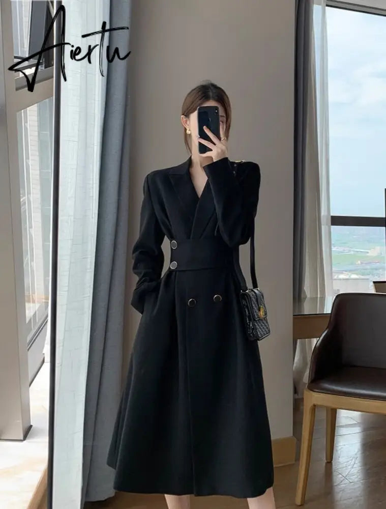 Aiertu Hot New Design Korean Style High Street Womens Fashion Cute Elegant Office Lady Button Notched Long Split Slit Sexy Blazer Dress Aiertu