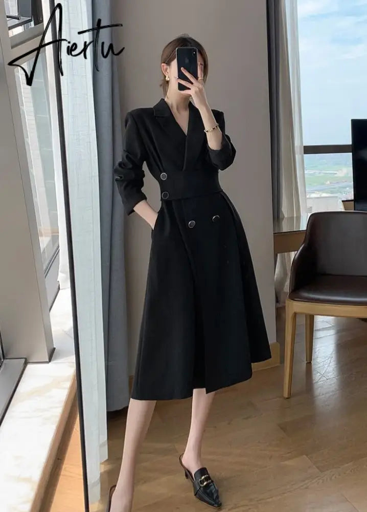 Aiertu Hot New Design Korean Style High Street Womens Fashion Cute Elegant Office Lady Button Notched Long Split Slit Sexy Blazer Dress Aiertu