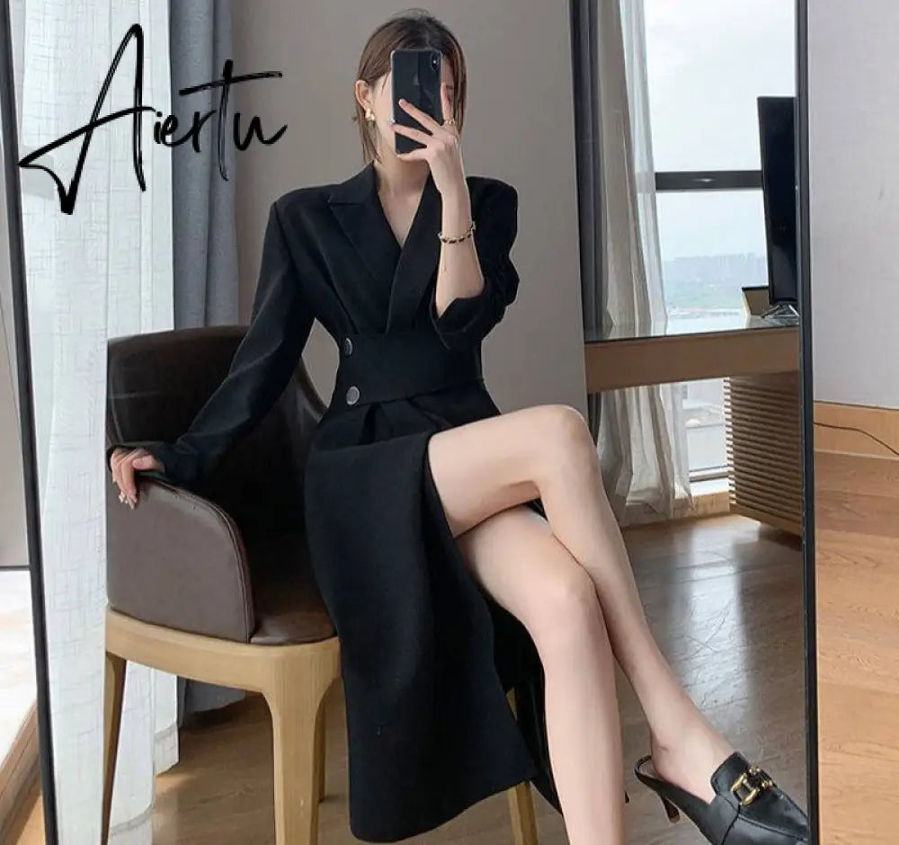 Aiertu Hot New Design Korean Style High Street Womens Fashion Cute Elegant Office Lady Button Notched Long Split Slit Sexy Blazer Dress Aiertu