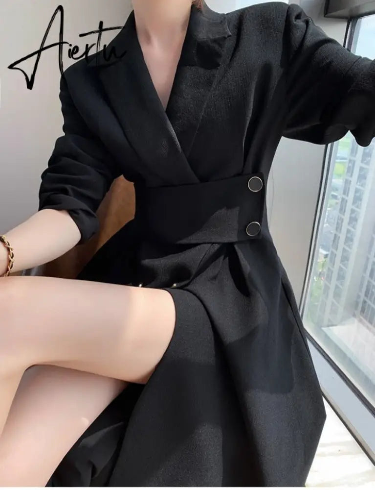 Aiertu Hot New Design Korean Style High Street Womens Fashion Cute Elegant Office Lady Button Notched Long Split Slit Sexy Blazer Dress Aiertu