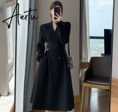 Aiertu Hot New Design Korean Style High Street Womens Fashion Cute Elegant Office Lady Button Notched Long Split Slit Sexy Blazer Dress Aiertu