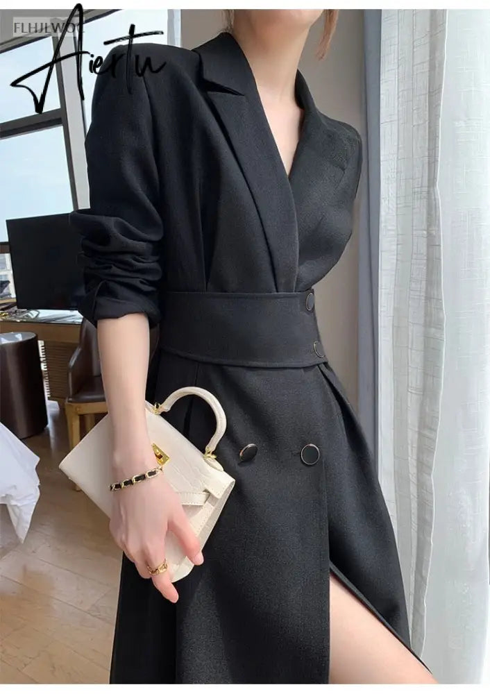 Aiertu Hot New Design Korean Style High Street Womens Fashion Cute Elegant Office Lady Button Notched Long Split Slit Sexy Blazer Dress Aiertu