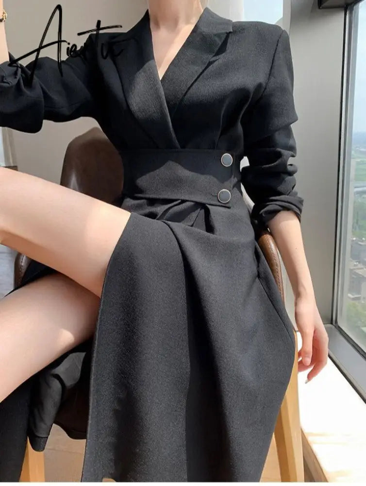 Aiertu Hot New Design Korean Style High Street Womens Fashion Cute Elegant Office Lady Button Notched Long Split Slit Sexy Blazer Dress Aiertu